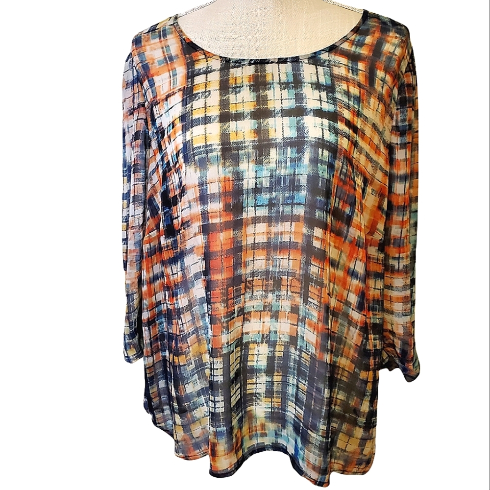 FOREVER 21 | Women's multi-color plaid pattern sheer cutout back blouse. Size 2X